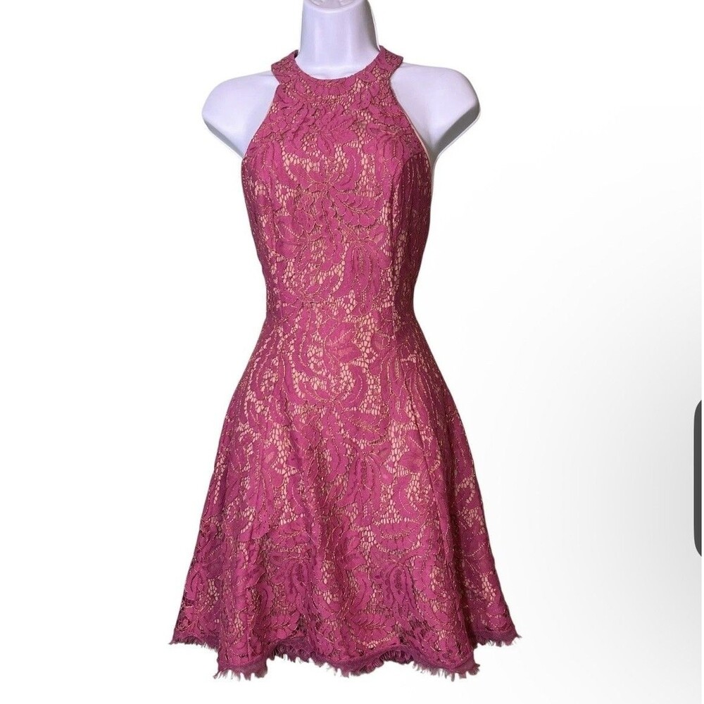 Dress The Population Dress Womens Small Pink Lace Halter Fit Flare Cocktail USA